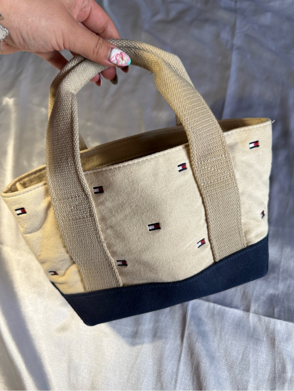 Tommy Hilfiger Beige Canvas Mini Tote with Navy Base